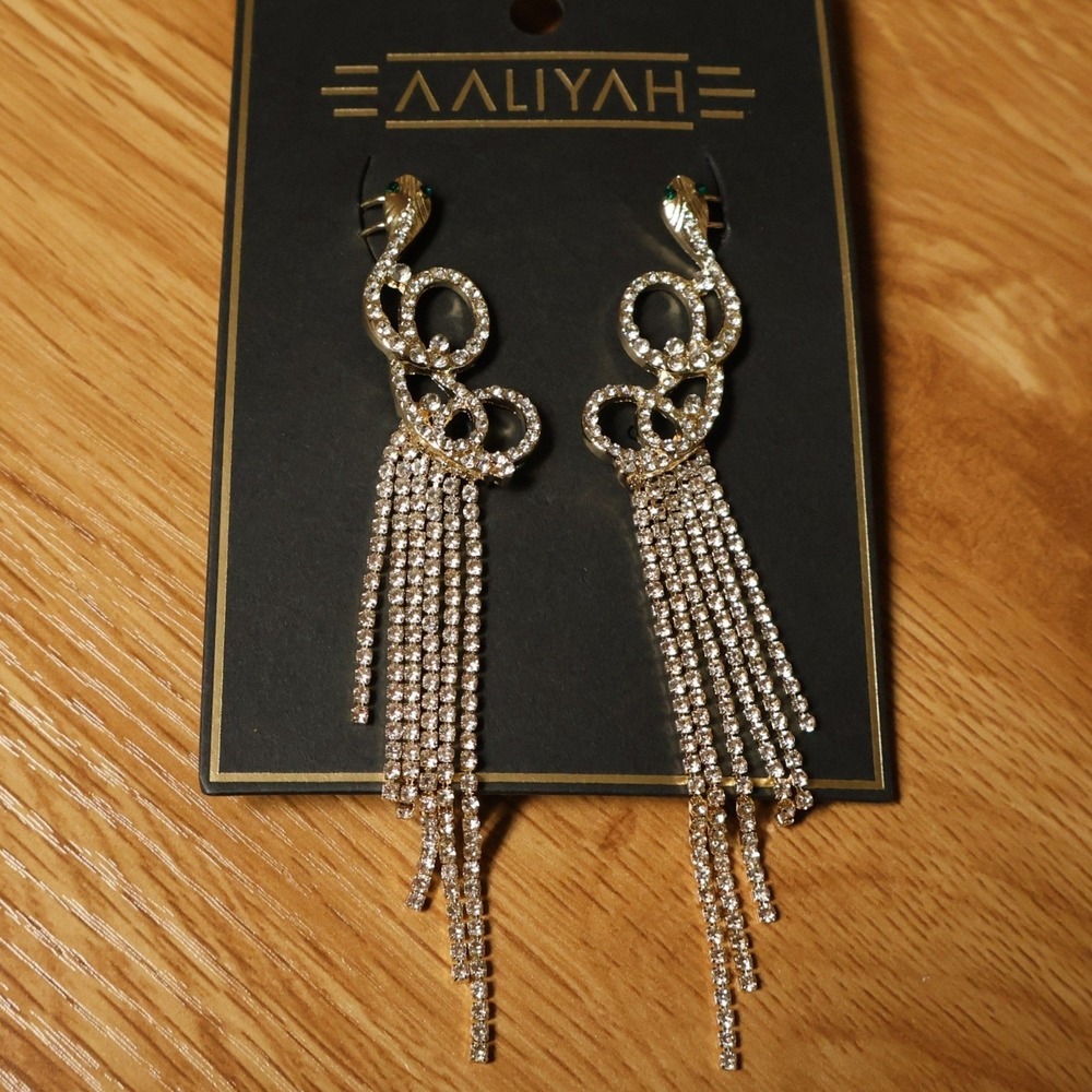 Aaliyah Snake Rhinestone Fringe Crawler Earrings Womens Gold Tone Statement